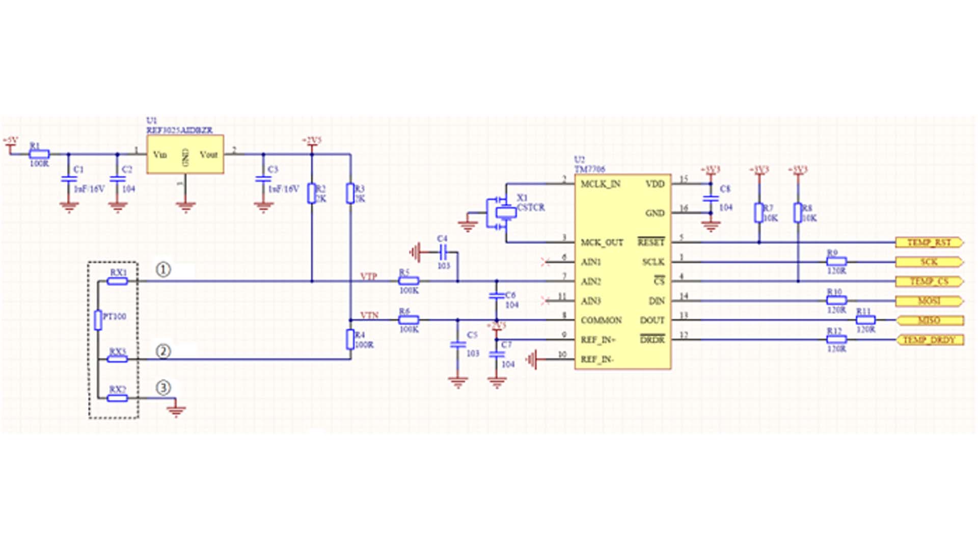 Diseño de un circuito de medición de temperatura de tres hilos alimentado por una fuente de voltaje constante.