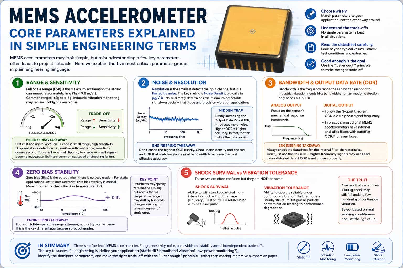 Guía práctica de ingeniería sobre los parámetros clave de los acelerómetros MEMS
