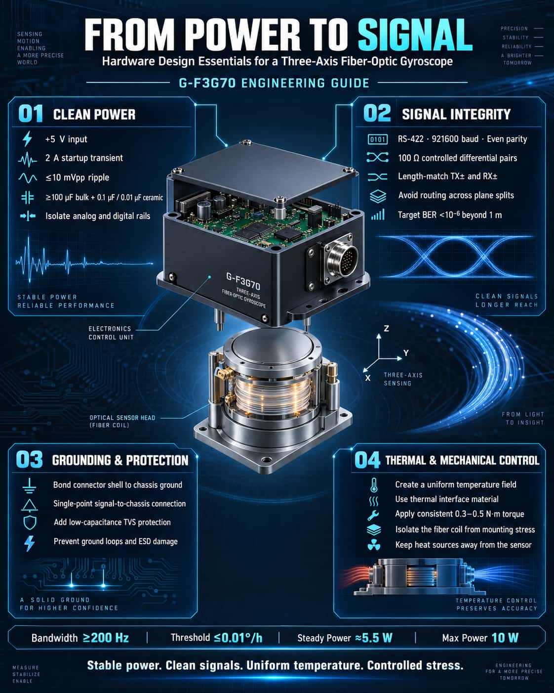Desde la fuente de alimentación hasta las señales: consideraciones de diseño de hardware y perspectivas de ingeniería para giroscopios de fibra óptica de tres ejes.