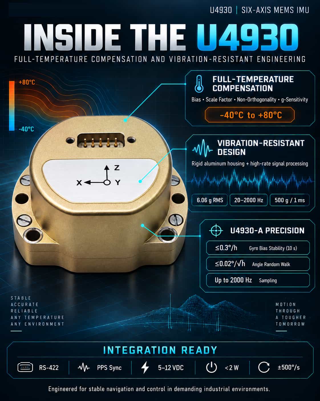 Desmontando el U4930: Un análisis técnico en profundidad de las tecnologías clave de una IMU MEMS de alta precisión, con compensación total de temperatura y diseño resistente a vibraciones.